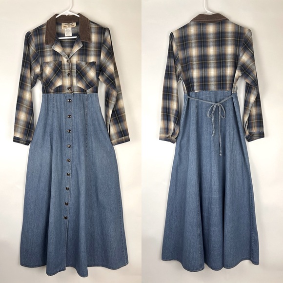 Vintage TIMELESS GOODSHOW TICKETS CLOTHING Plaid + Denim Western Maxi Dress 5/6
